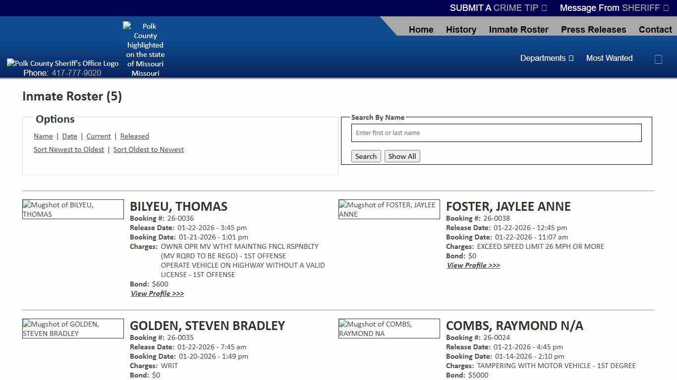 Inmate Roster - Released Inmates Booking Date Descending - Polk County Sheriff MO